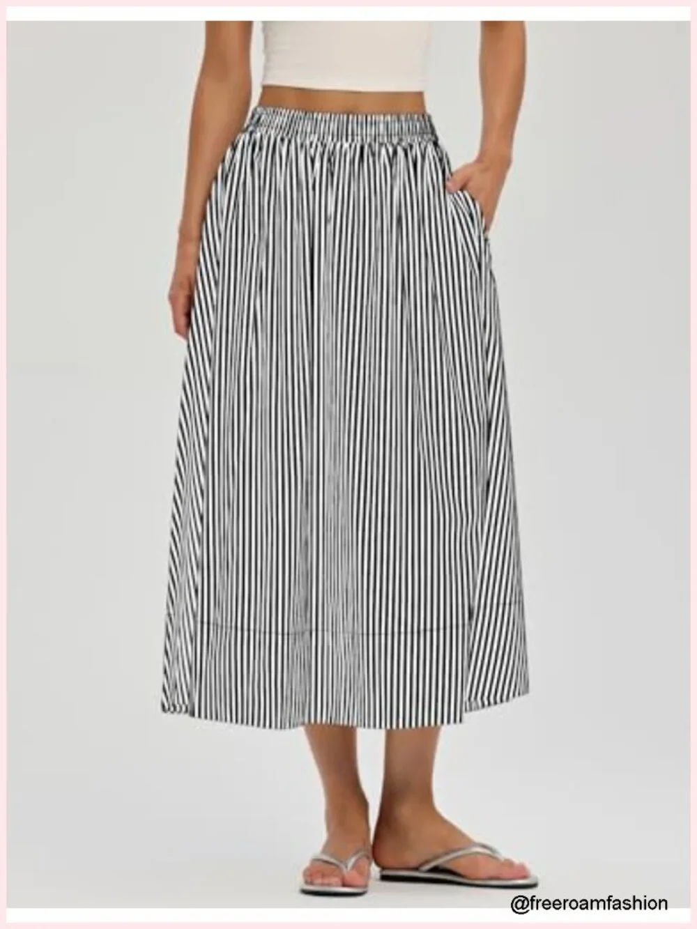 Midi Skirt A-Line Cotton Flowy Elastic Waist with Pockets Summer Casual